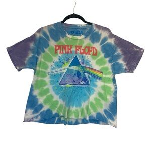 Liquid Blue Pink Floyd Tie-Dye Dark Side Prism Cropped Graphic T-Shirt